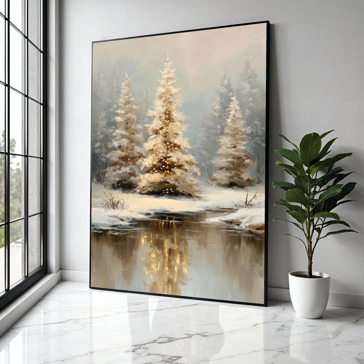 Winter Forest Canvas Wall Art, Snowy Pine Trees Painting, Reflections in Icy River, Cozy Holiday Decoration, Gift Art, Home Decor, Print