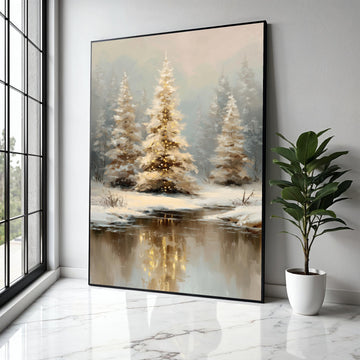 Winter Forest Canvas Wall Art, Snowy Pine Trees Painting, Reflections in Icy River, Cozy Holiday Decoration, Gift Art, Home Decor, Print