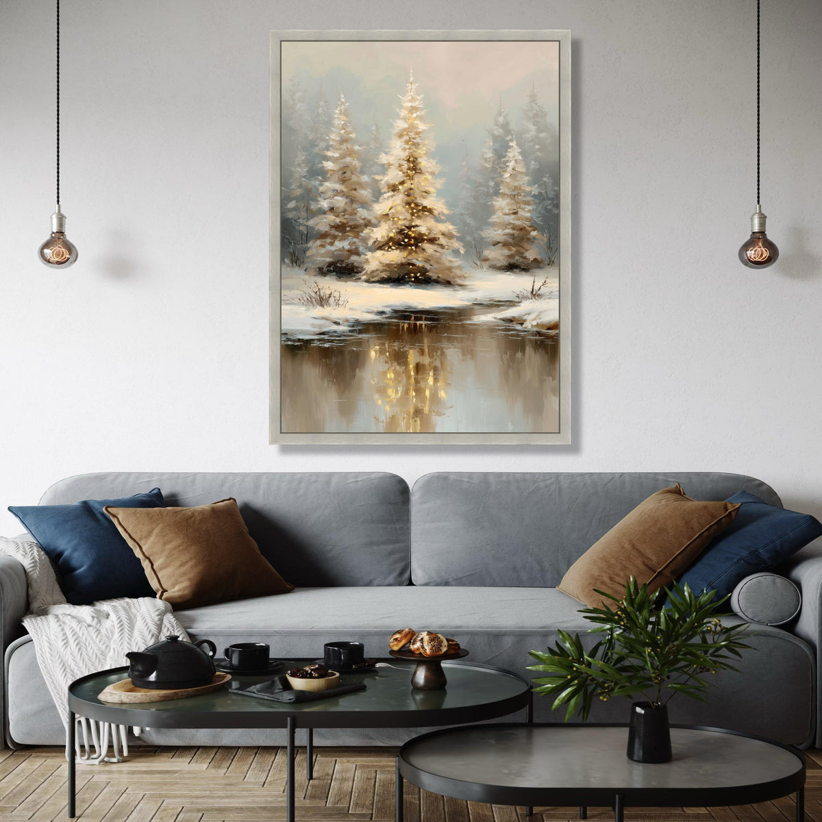 Winter Forest Canvas Wall Art, Snowy Pine Trees Painting, Reflections in Icy River, Cozy Holiday Decoration, Gift Art, Home Decor, Print
