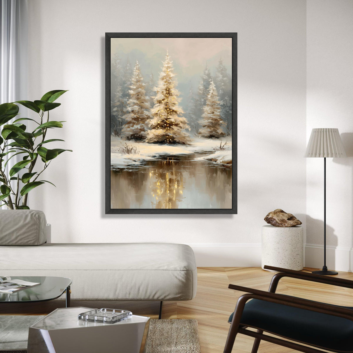Winter Forest Canvas Wall Art, Snowy Pine Trees Painting, Reflections in Icy River, Cozy Holiday Decoration, Gift Art, Home Decor, Print