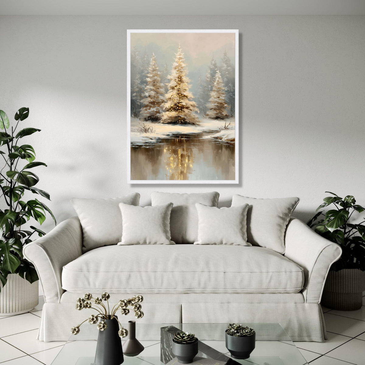 Winter Forest Canvas Wall Art, Snowy Pine Trees Painting, Reflections in Icy River, Cozy Holiday Decoration, Gift Art, Home Decor, Print
