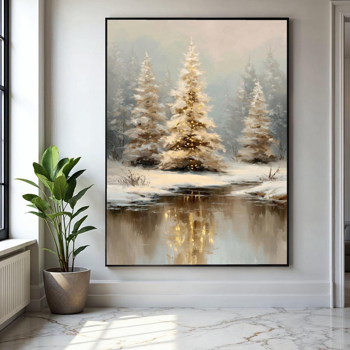 Winter Forest Canvas Wall Art, Snowy Pine Trees Painting, Reflections in Icy River, Cozy Holiday Decoration, Gift Art, Home Decor, Print