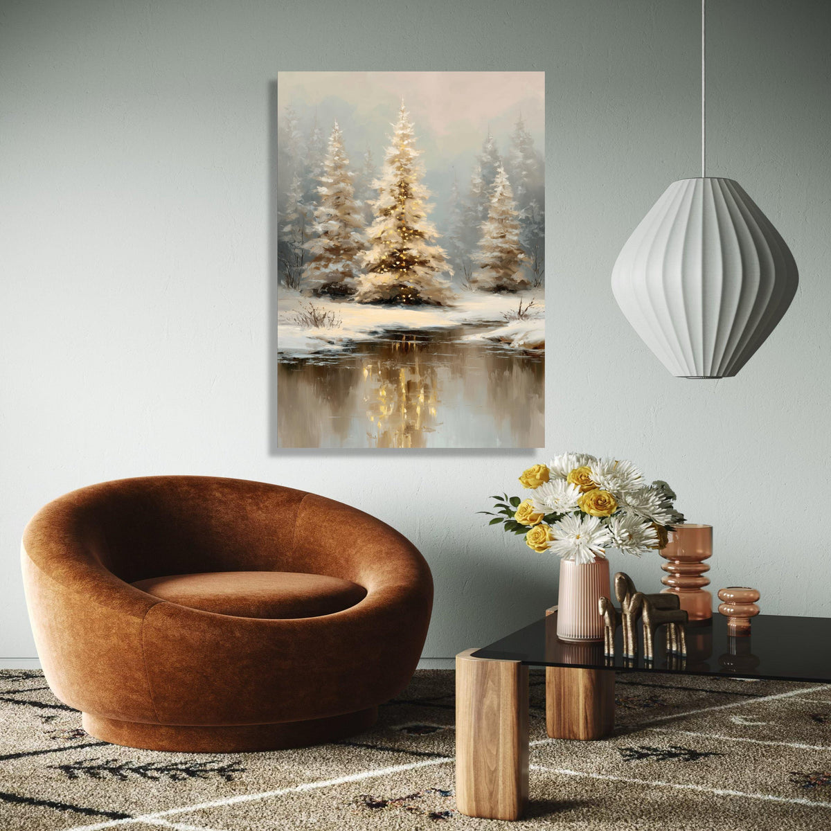 Winter Forest Canvas Wall Art, Snowy Pine Trees Painting, Reflections in Icy River, Cozy Holiday Decoration, Gift Art, Home Decor, Print