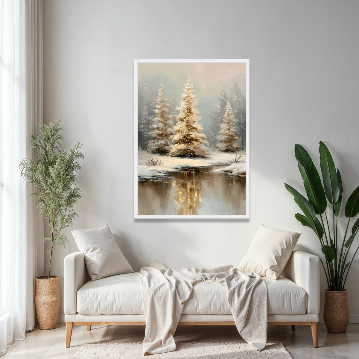 Winter Forest Canvas Wall Art, Snowy Pine Trees Painting, Reflections in Icy River, Cozy Holiday Decoration, Gift Art, Home Decor, Print