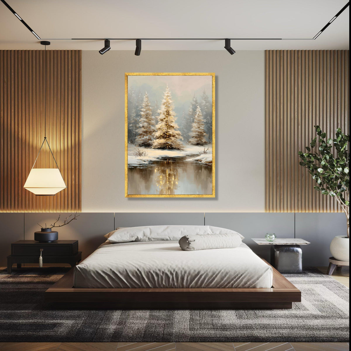 Winter Forest Canvas Wall Art, Snowy Pine Trees Painting, Reflections in Icy River, Cozy Holiday Decoration, Gift Art, Home Decor, Print