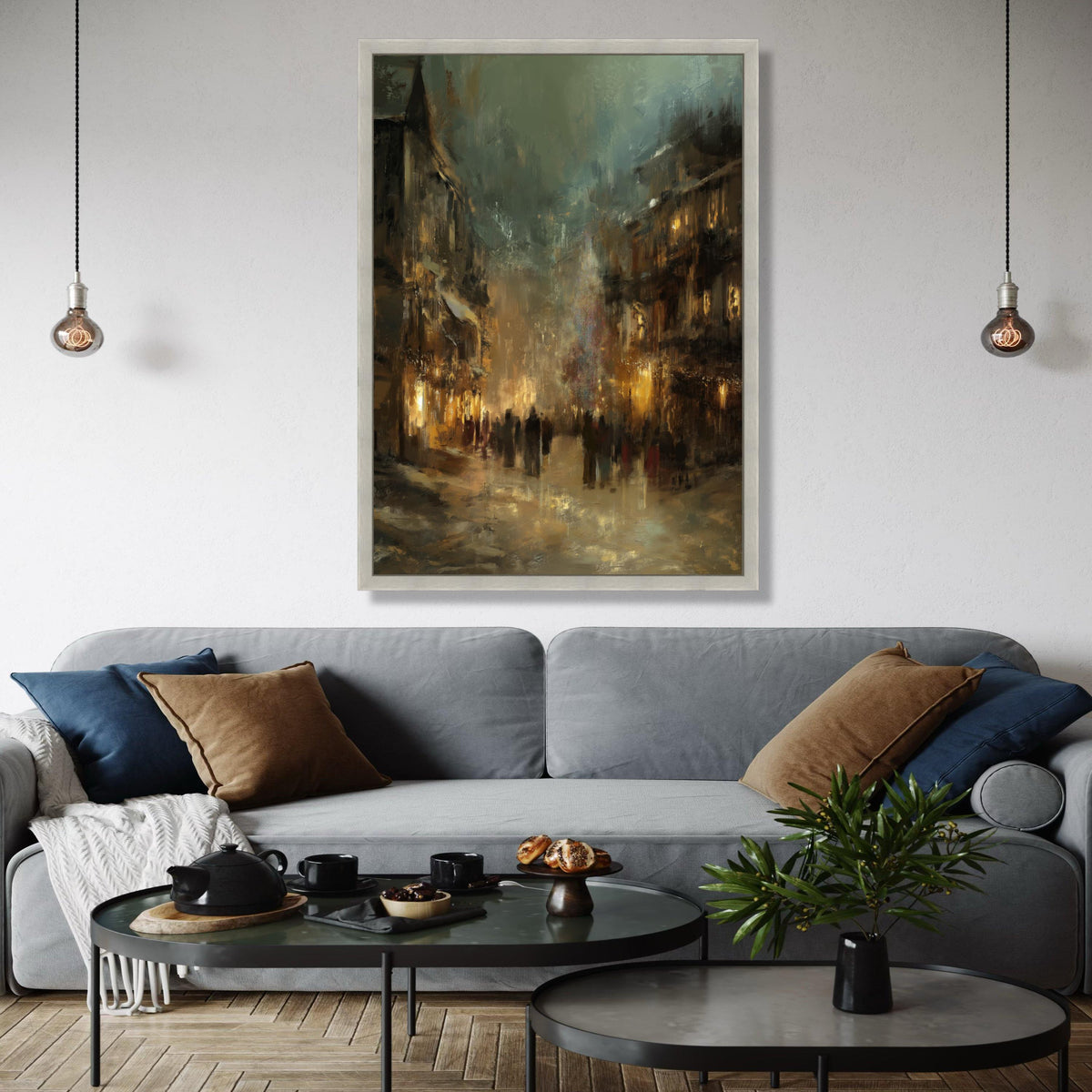 Evening City Street Scene Canvas Wall Art, Urban Impressionist Painting, Moody Cityscape Decor, Ambient Glow Gift Art, Home Decor, Print