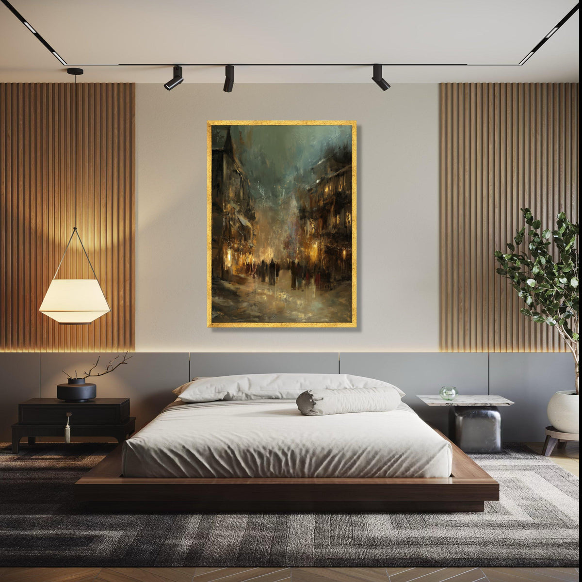 Evening City Street Scene Canvas Wall Art, Urban Impressionist Painting, Moody Cityscape Decor, Ambient Glow Gift Art, Home Decor, Print