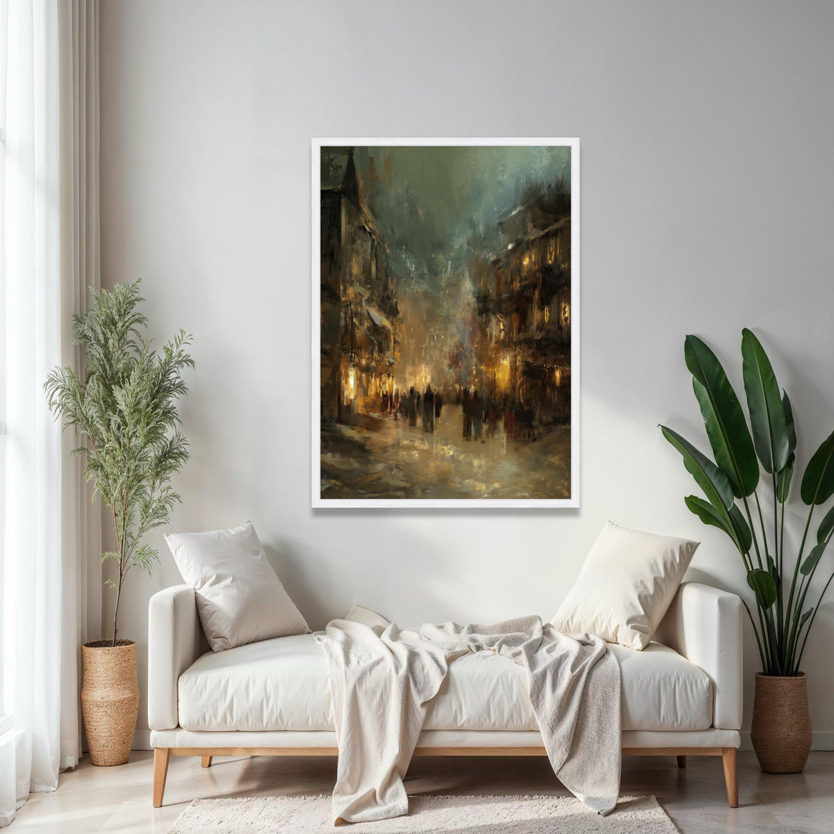 Evening City Street Scene Canvas Wall Art, Urban Impressionist Painting, Moody Cityscape Decor, Ambient Glow Gift Art, Home Decor, Print