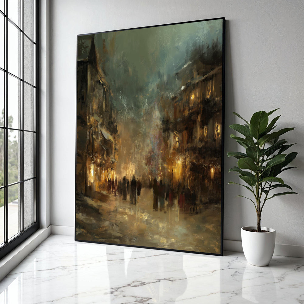 Evening City Street Scene Canvas Wall Art, Urban Impressionist Painting, Moody Cityscape Decor, Ambient Glow Gift Art, Home Decor, Print