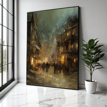 Evening City Street Scene Canvas Wall Art, Urban Impressionist Painting, Moody Cityscape Decor, Ambient Glow Gift Art, Home Decor, Print