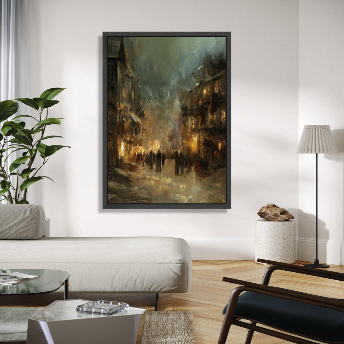 Evening City Street Scene Canvas Wall Art, Urban Impressionist Painting, Moody Cityscape Decor, Ambient Glow Gift Art, Home Decor, Print