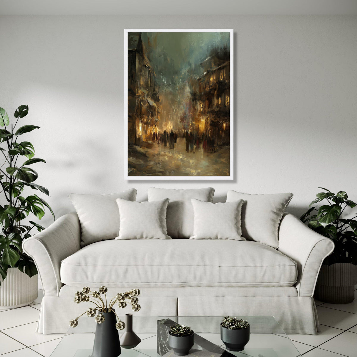 Evening City Street Scene Canvas Wall Art, Urban Impressionist Painting, Moody Cityscape Decor, Ambient Glow Gift Art, Home Decor, Print