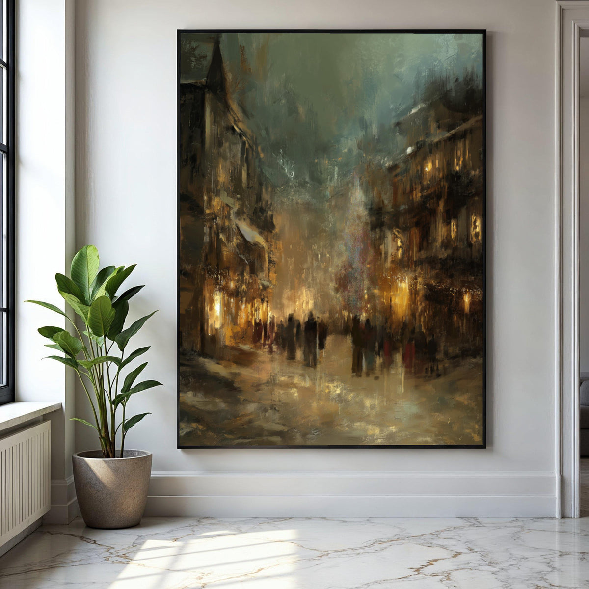 Evening City Street Scene Canvas Wall Art, Urban Impressionist Painting, Moody Cityscape Decor, Ambient Glow Gift Art, Home Decor, Print