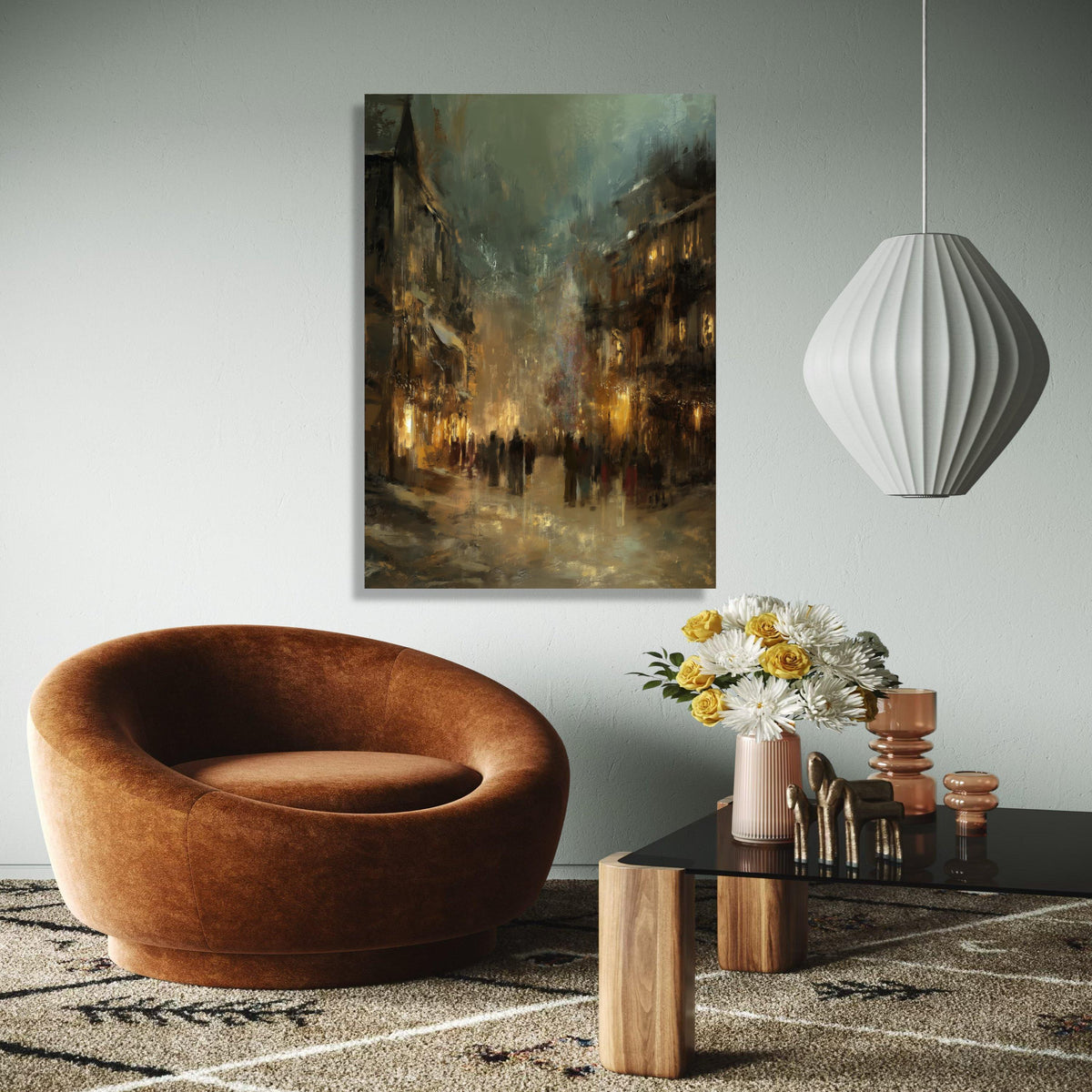 Evening City Street Scene Canvas Wall Art, Urban Impressionist Painting, Moody Cityscape Decor, Ambient Glow Gift Art, Home Decor, Print