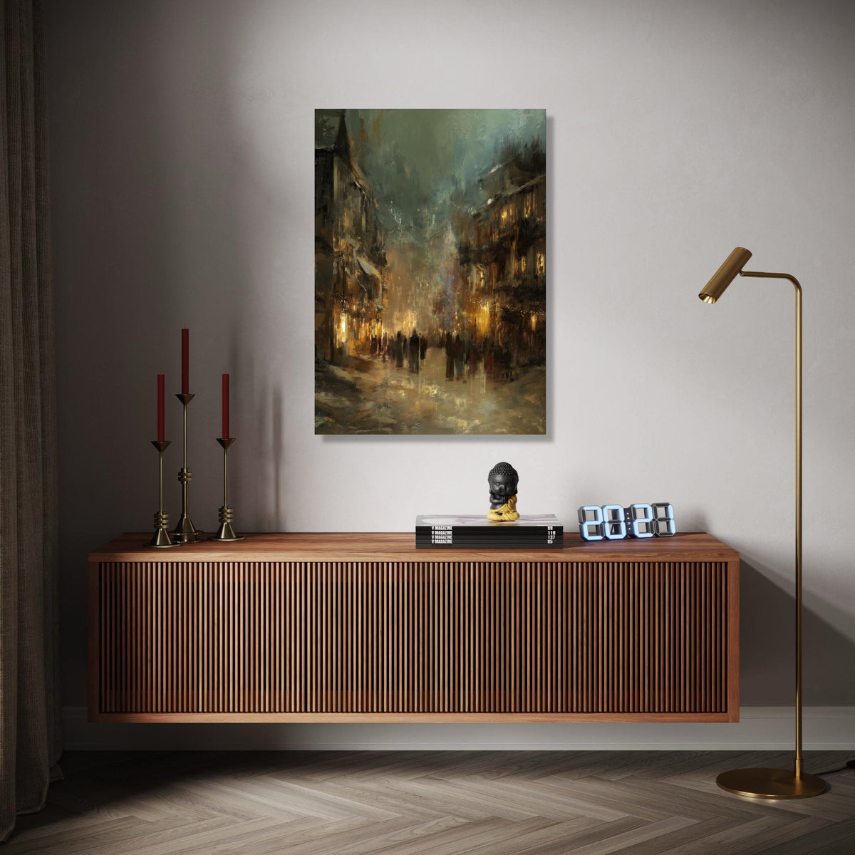 Evening City Street Scene Canvas Wall Art, Urban Impressionist Painting, Moody Cityscape Decor, Ambient Glow Gift Art, Home Decor, Print