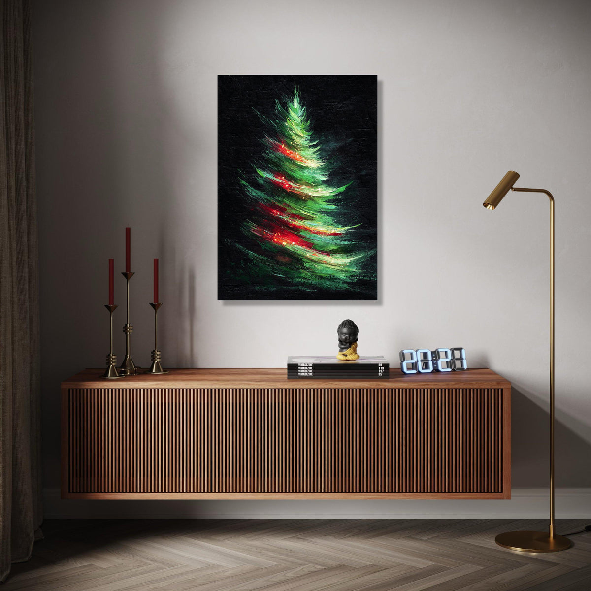 Abstract Christmas Tree Canvas, Holiday Wall Art, Modern Festive Decoration, Vibrant Green Red Tree Painting, Gift Art, Home Decor, Print