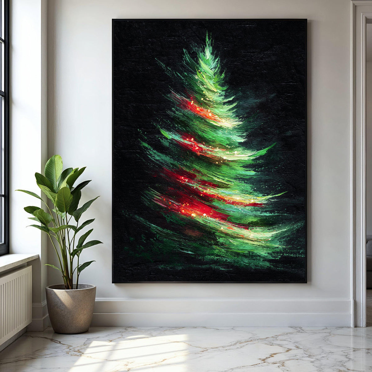 Abstract Christmas Tree Canvas, Holiday Wall Art, Modern Festive Decoration, Vibrant Green Red Tree Painting, Gift Art, Home Decor, Print