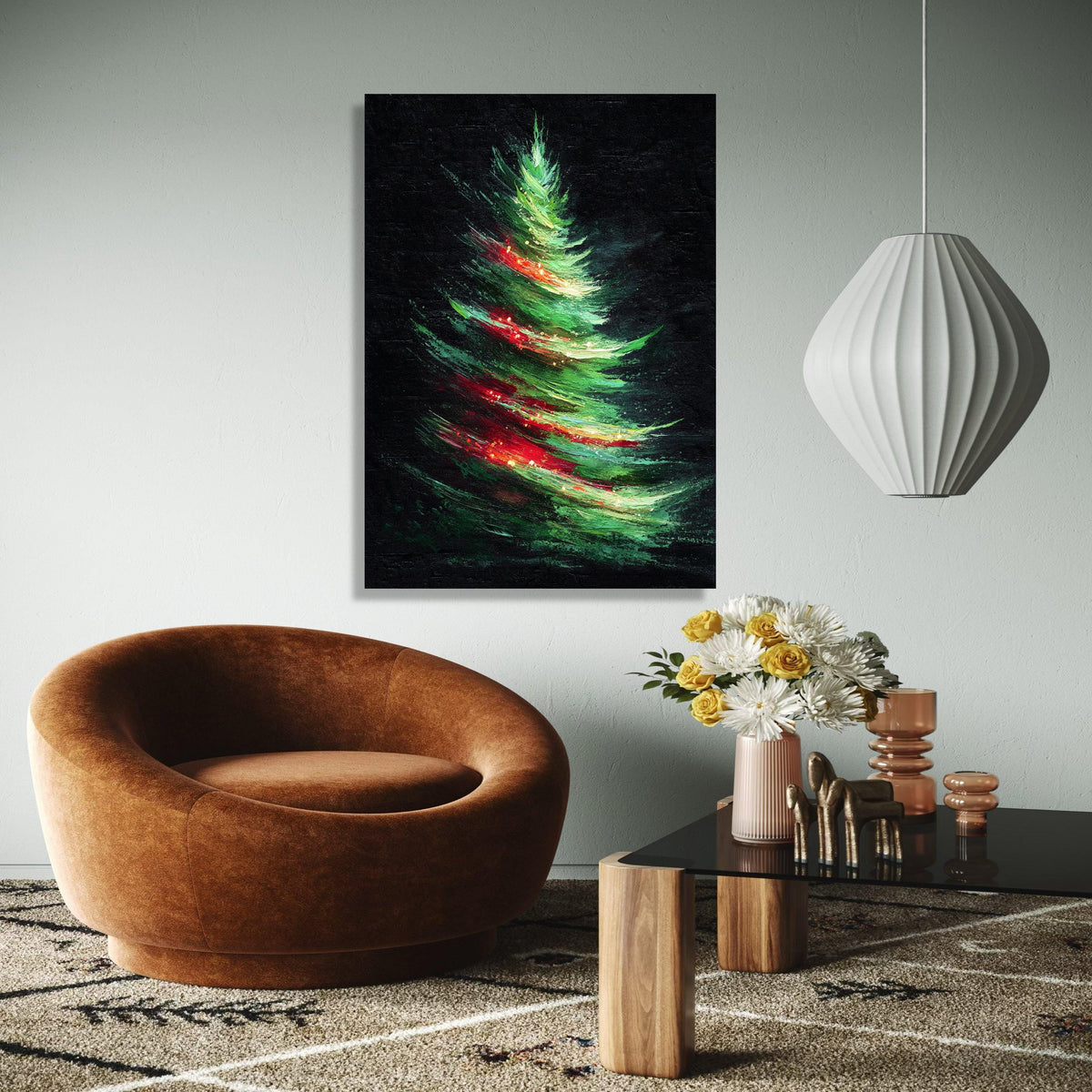 Abstract Christmas Tree Canvas, Holiday Wall Art, Modern Festive Decoration, Vibrant Green Red Tree Painting, Gift Art, Home Decor, Print