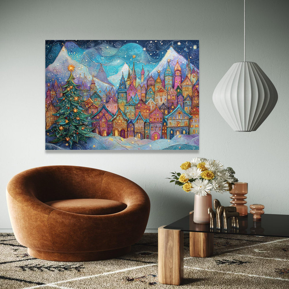 Magical Winter Village Scene Canvas, Christmas Tree Decor, Snowy Mountain Landscape, Colorful Holiday Wall Art, Gift Art, Home Decor, Print