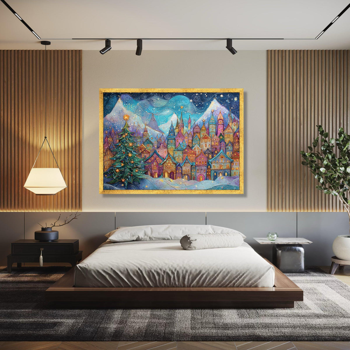 Magical Winter Village Scene Canvas, Christmas Tree Decor, Snowy Mountain Landscape, Colorful Holiday Wall Art, Gift Art, Home Decor, Print