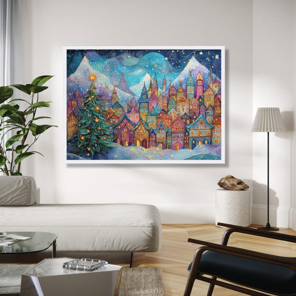 Magical Winter Village Scene Canvas, Christmas Tree Decor, Snowy Mountain Landscape, Colorful Holiday Wall Art, Gift Art, Home Decor, Print