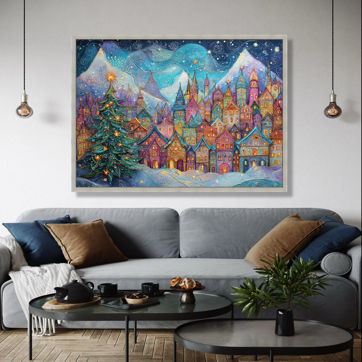 Magical Winter Village Scene Canvas, Christmas Tree Decor, Snowy Mountain Landscape, Colorful Holiday Wall Art, Gift Art, Home Decor, Print