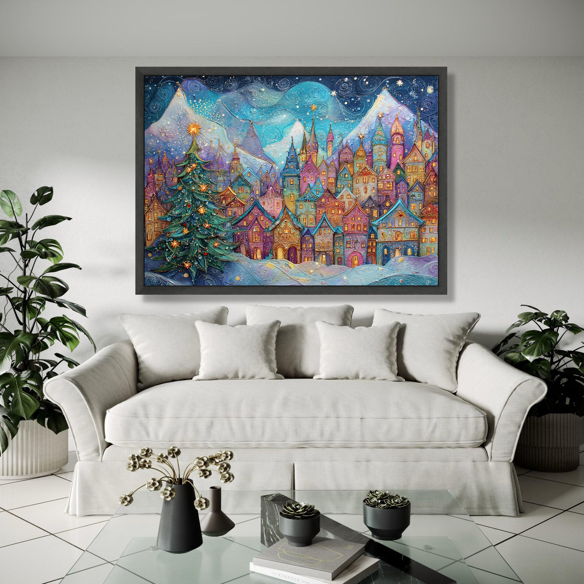 Magical Winter Village Scene Canvas, Christmas Tree Decor, Snowy Mountain Landscape, Colorful Holiday Wall Art, Gift Art, Home Decor, Print