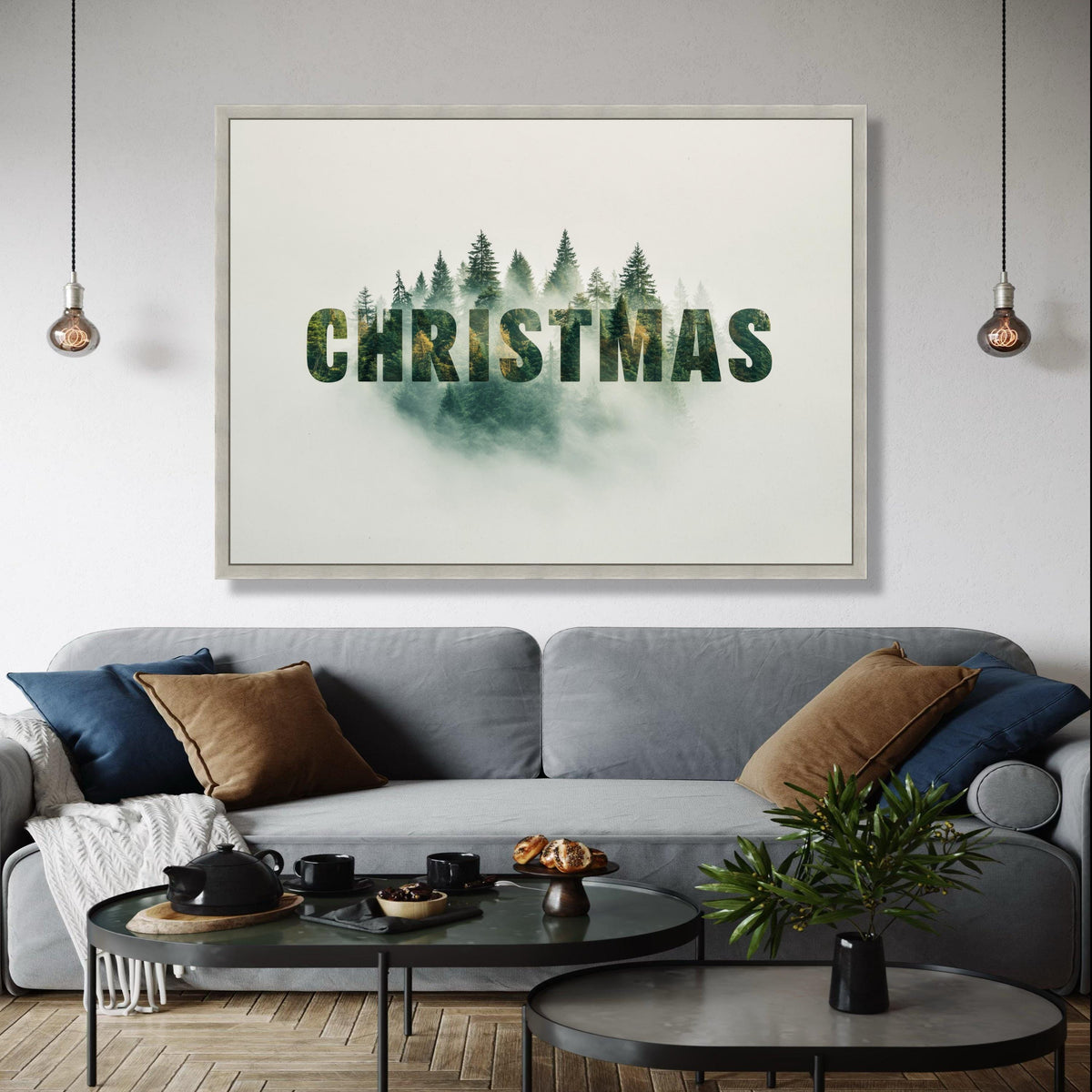 Christmas Forest Double Exposure Canvas, Holiday Word Art, Evergreen Tree Print, Seasonal Wall Decor, Winter Gift Art, Home Decor, Print