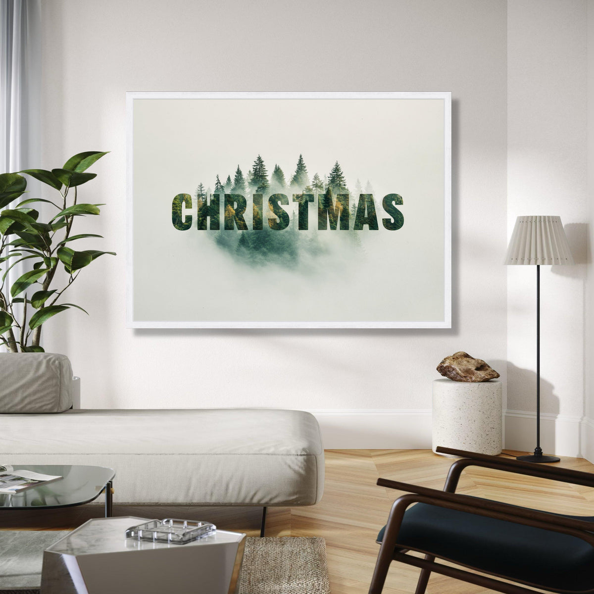 Christmas Forest Double Exposure Canvas, Holiday Word Art, Evergreen Tree Print, Seasonal Wall Decor, Winter Gift Art, Home Decor, Print
