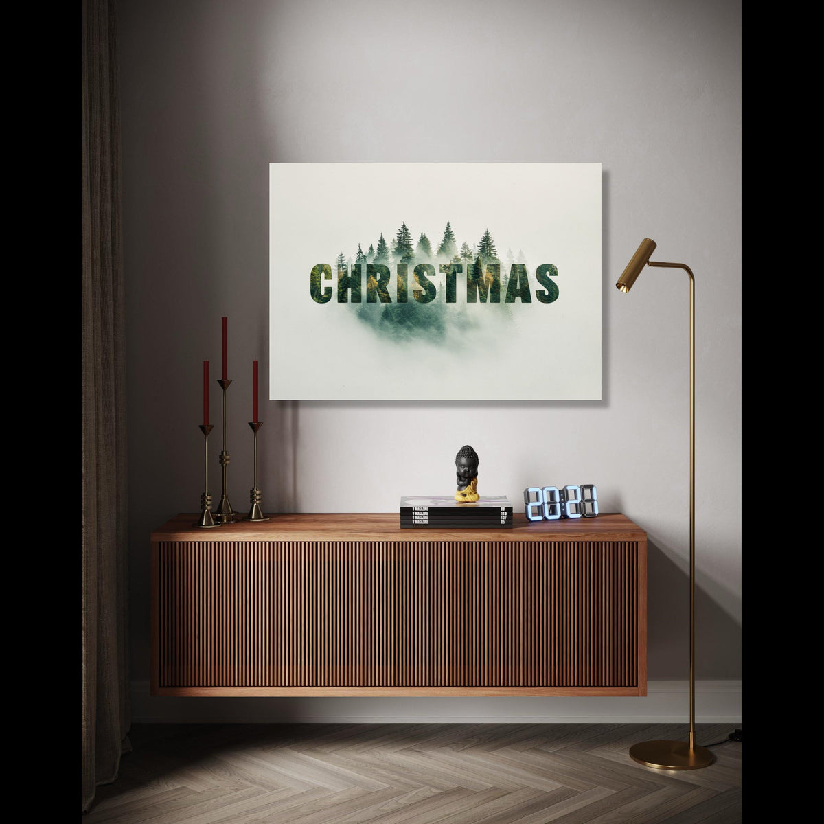 Christmas Forest Double Exposure Canvas, Holiday Word Art, Evergreen Tree Print, Seasonal Wall Decor, Winter Gift Art, Home Decor, Print