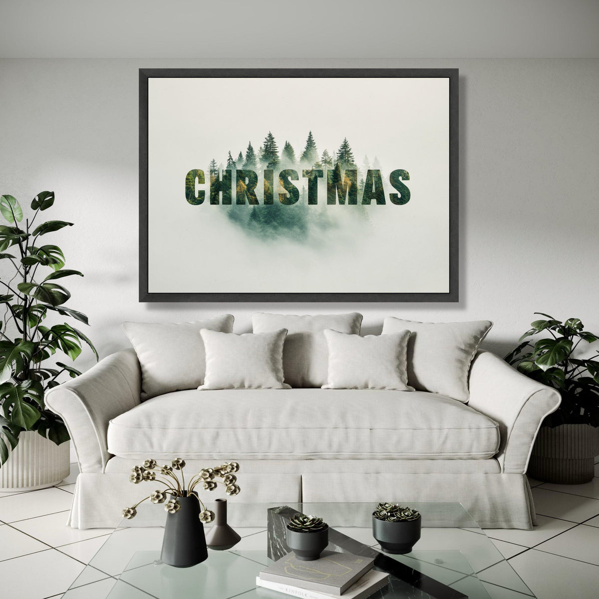 Christmas Forest Double Exposure Canvas, Holiday Word Art, Evergreen Tree Print, Seasonal Wall Decor, Winter Gift Art, Home Decor, Print