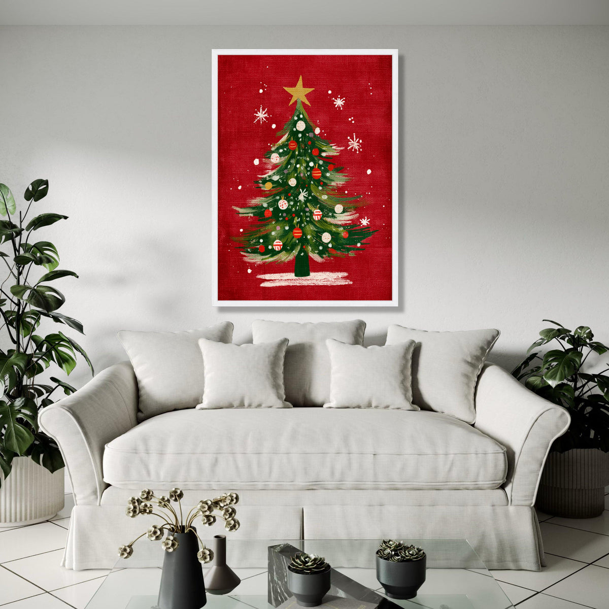 Festive Christmas Tree Canvas, Holiday Wall Art, Green Pine Tree Decor, Red Background Canvas, Xmas Ornaments Gift Art, Home Decor, Print