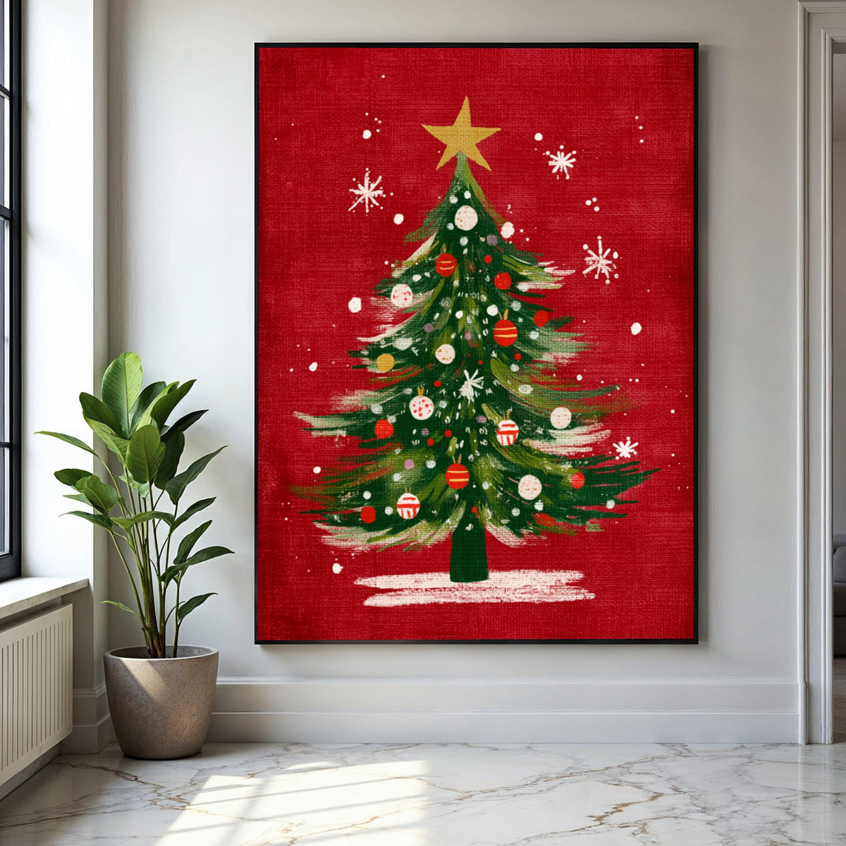 Festive Christmas Tree Canvas, Holiday Wall Art, Green Pine Tree Decor, Red Background Canvas, Xmas Ornaments Gift Art, Home Decor, Print
