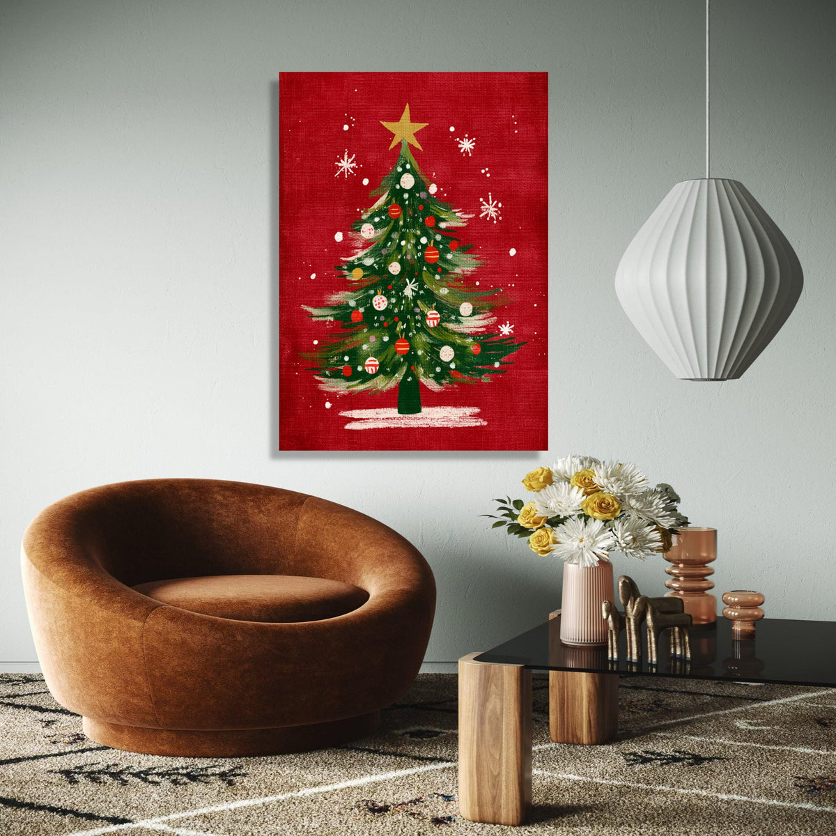 Festive Christmas Tree Canvas, Holiday Wall Art, Green Pine Tree Decor, Red Background Canvas, Xmas Ornaments Gift Art, Home Decor, Print