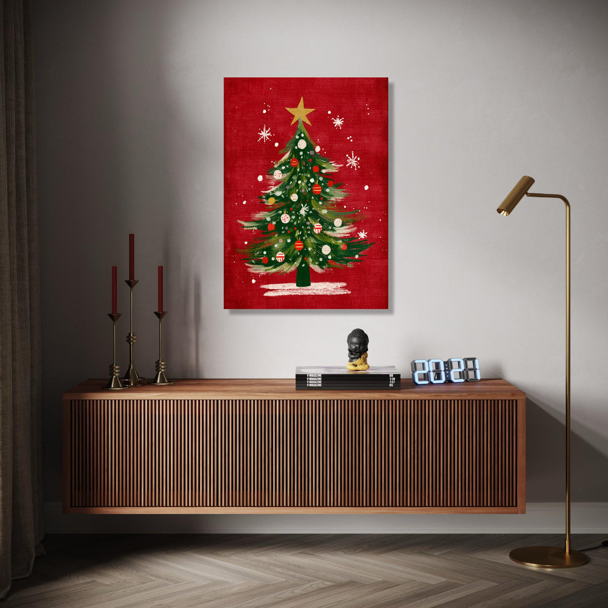 Festive Christmas Tree Canvas, Holiday Wall Art, Green Pine Tree Decor, Red Background Canvas, Xmas Ornaments Gift Art, Home Decor, Print