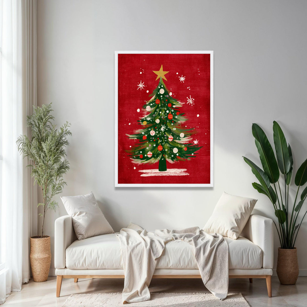 Festive Christmas Tree Canvas, Holiday Wall Art, Green Pine Tree Decor, Red Background Canvas, Xmas Ornaments Gift Art, Home Decor, Print