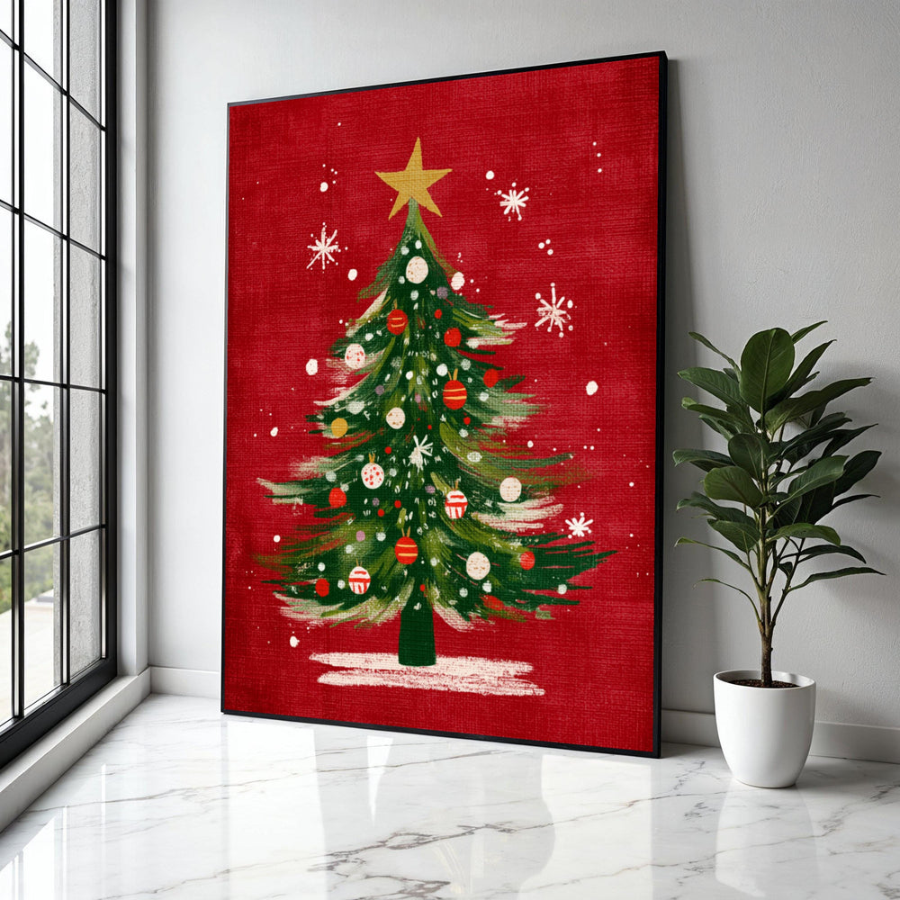 Festive Christmas Tree Canvas, Holiday Wall Art, Green Pine Tree Decor, Red Background Canvas, Xmas Ornaments Gift Art, Home Decor, Print