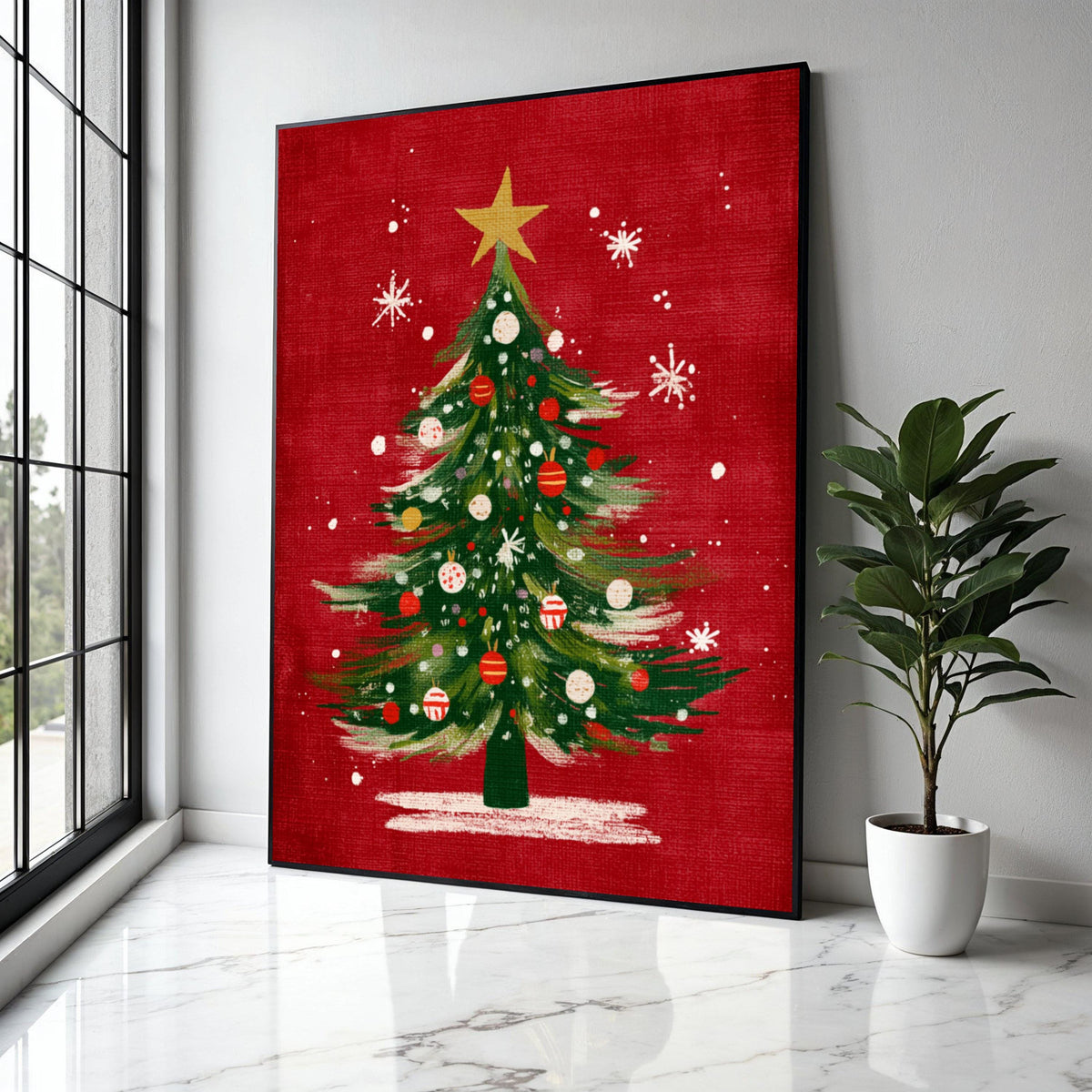 Festive Christmas Tree Canvas, Holiday Wall Art, Green Pine Tree Decor, Red Background Canvas, Xmas Ornaments Gift Art, Home Decor, Print