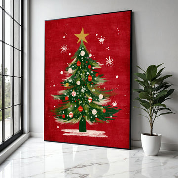 Festive Christmas Tree Canvas, Holiday Wall Art, Green Pine Tree Decor, Red Background Canvas, Xmas Ornaments Gift Art, Home Decor, Print