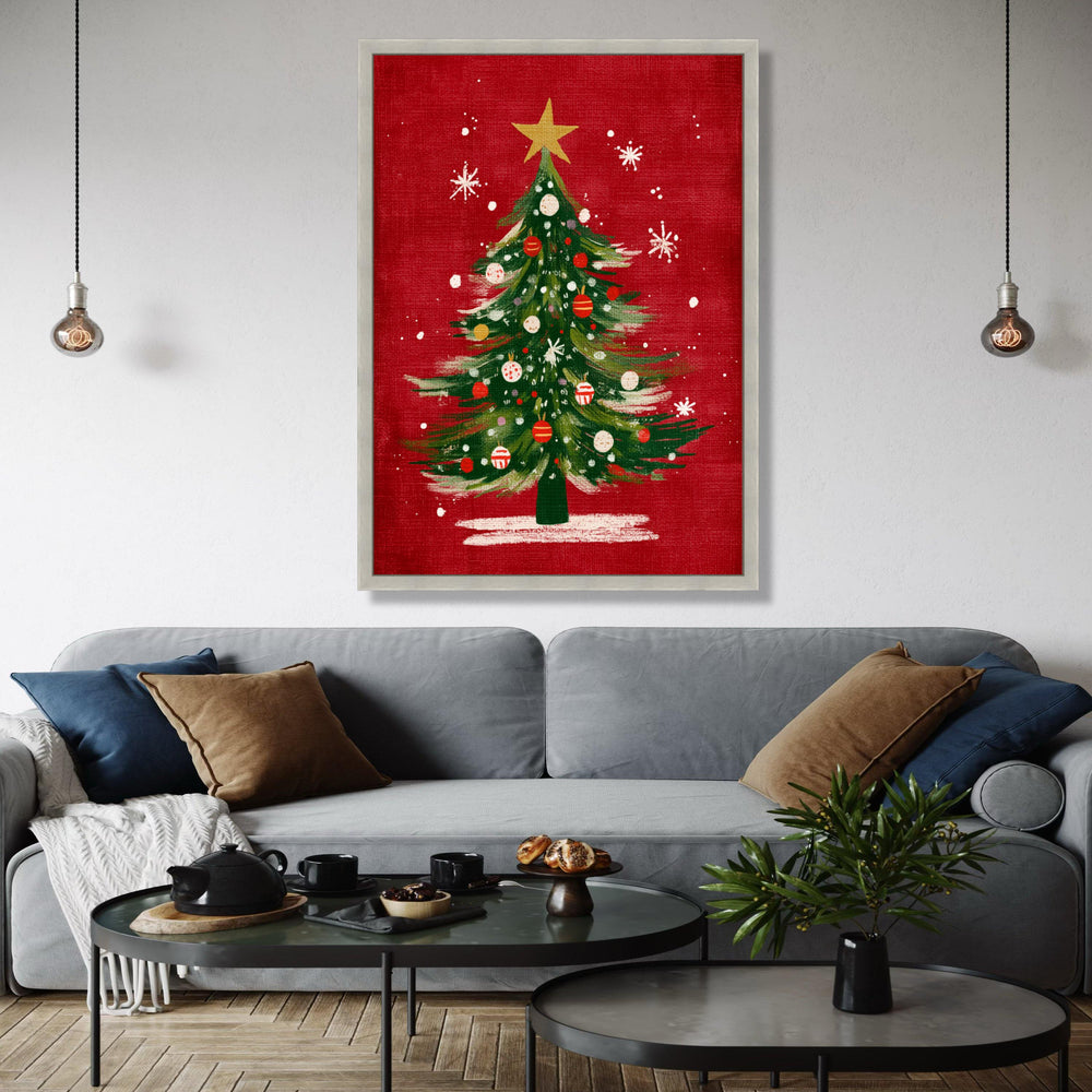 Festive Christmas Tree Canvas, Holiday Wall Art, Green Pine Tree Decor, Red Background Canvas, Xmas Ornaments Gift Art, Home Decor, Print