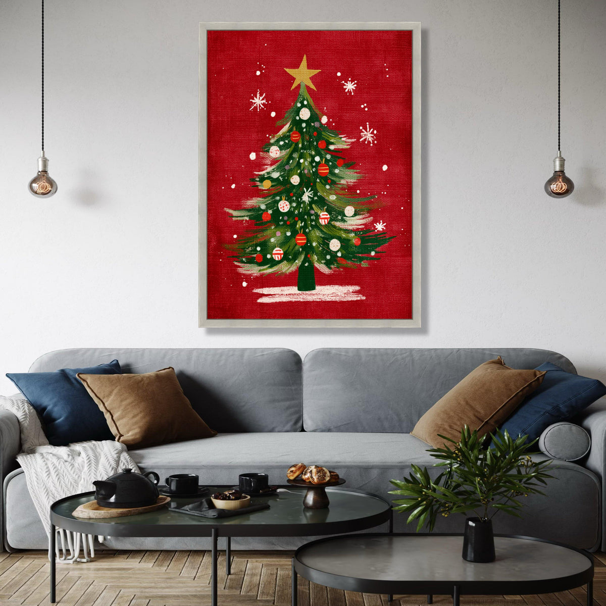 Festive Christmas Tree Canvas, Holiday Wall Art, Green Pine Tree Decor, Red Background Canvas, Xmas Ornaments Gift Art, Home Decor, Print