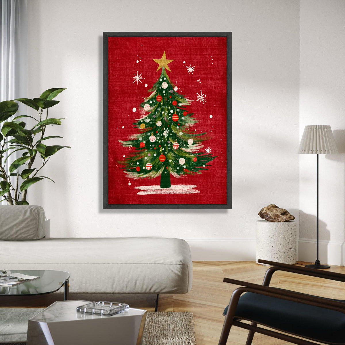 Festive Christmas Tree Canvas, Holiday Wall Art, Green Pine Tree Decor, Red Background Canvas, Xmas Ornaments Gift Art, Home Decor, Print