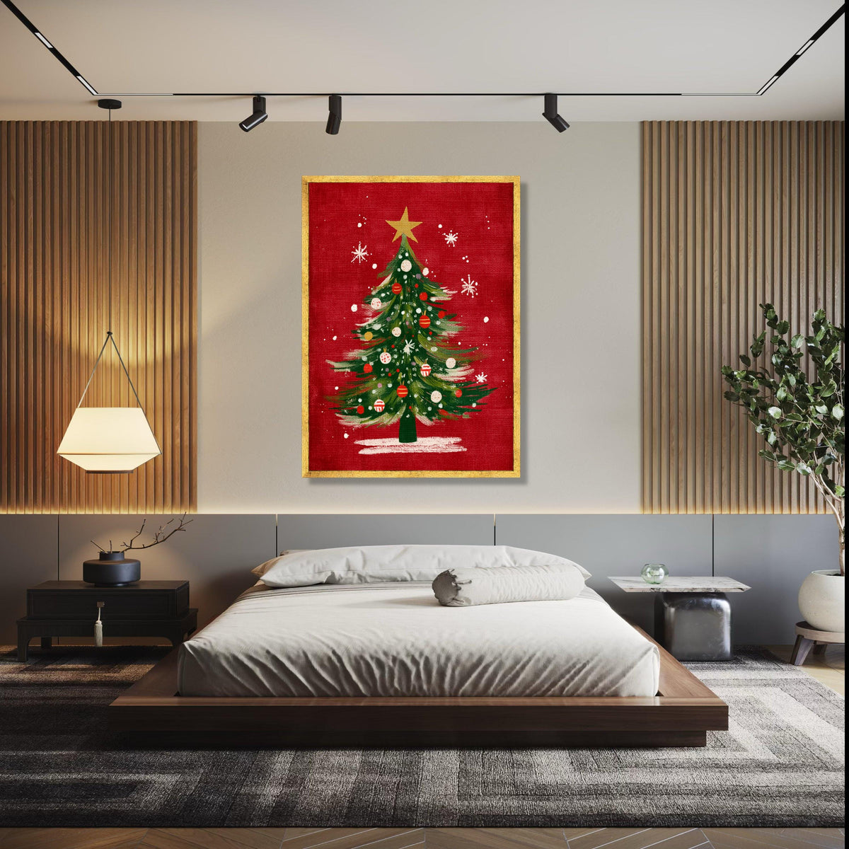 Festive Christmas Tree Canvas, Holiday Wall Art, Green Pine Tree Decor, Red Background Canvas, Xmas Ornaments Gift Art, Home Decor, Print