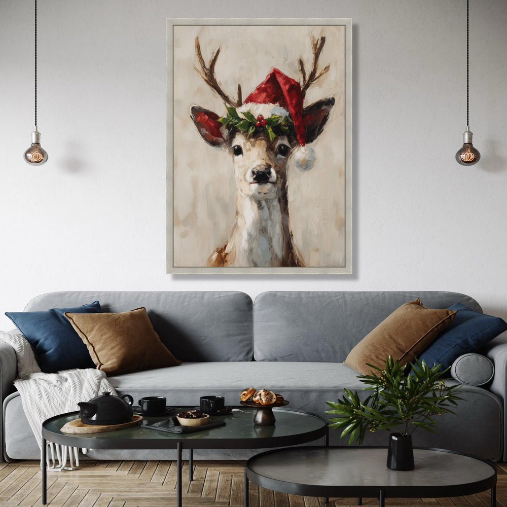 Festive Reindeer Portrait Canvas, Christmas Wall Art, Santa Hat Deer Painting, Holiday Home Decoration, Seasonal Gift Art, Home Decor, Print