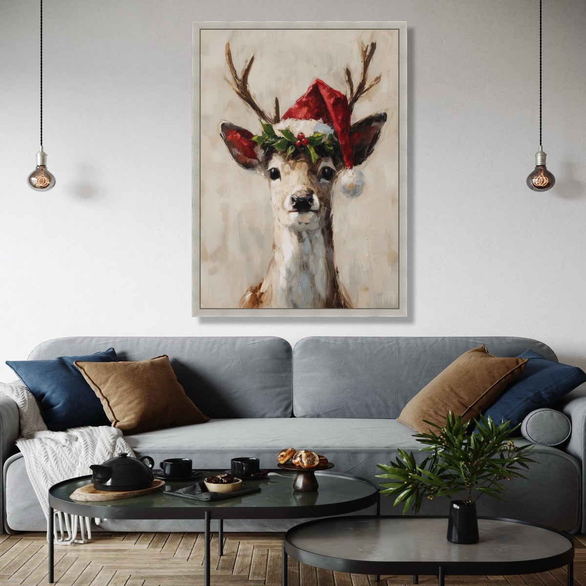 Festive Reindeer Portrait Canvas, Christmas Wall Art, Santa Hat Deer Painting, Holiday Home Decoration, Seasonal Gift Art, Home Decor, Print