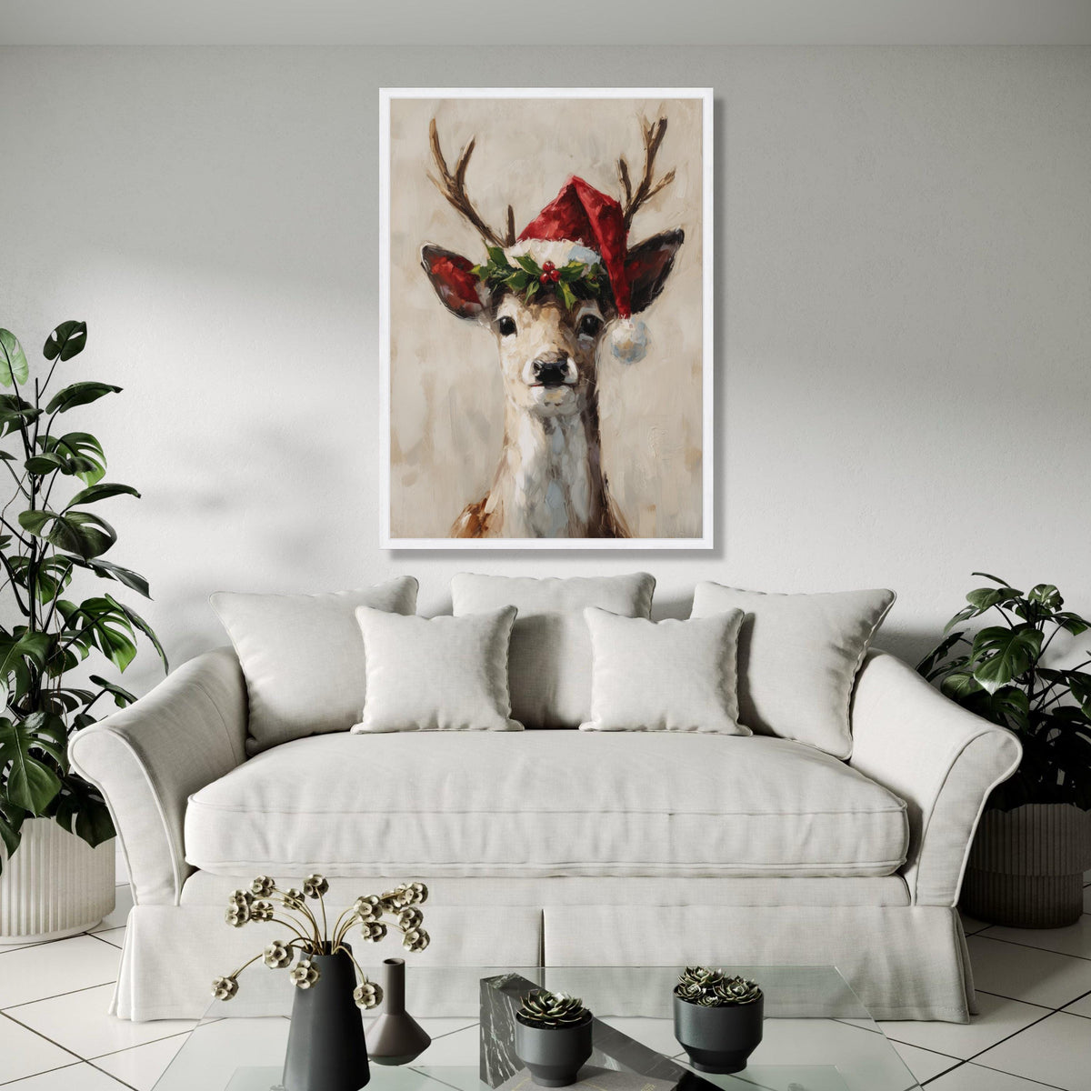 Festive Reindeer Portrait Canvas, Christmas Wall Art, Santa Hat Deer Painting, Holiday Home Decoration, Seasonal Gift Art, Home Decor, Print