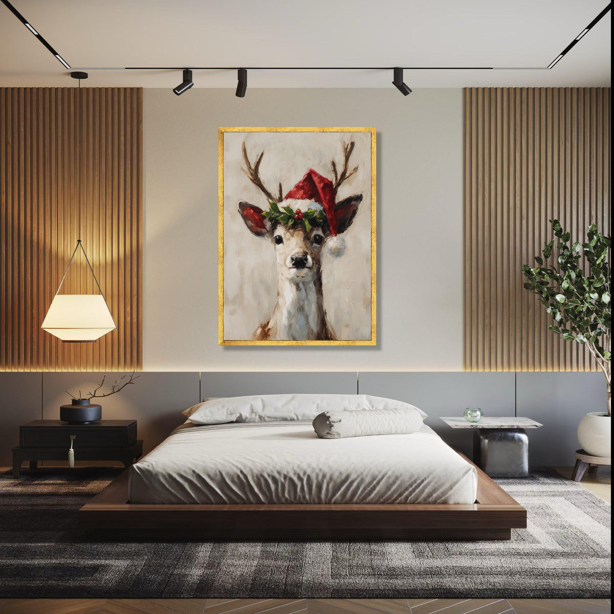 Festive Reindeer Portrait Canvas, Christmas Wall Art, Santa Hat Deer Painting, Holiday Home Decoration, Seasonal Gift Art, Home Decor, Print