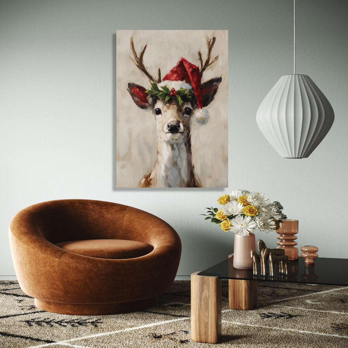 Festive Reindeer Portrait Canvas, Christmas Wall Art, Santa Hat Deer Painting, Holiday Home Decoration, Seasonal Gift Art, Home Decor, Print