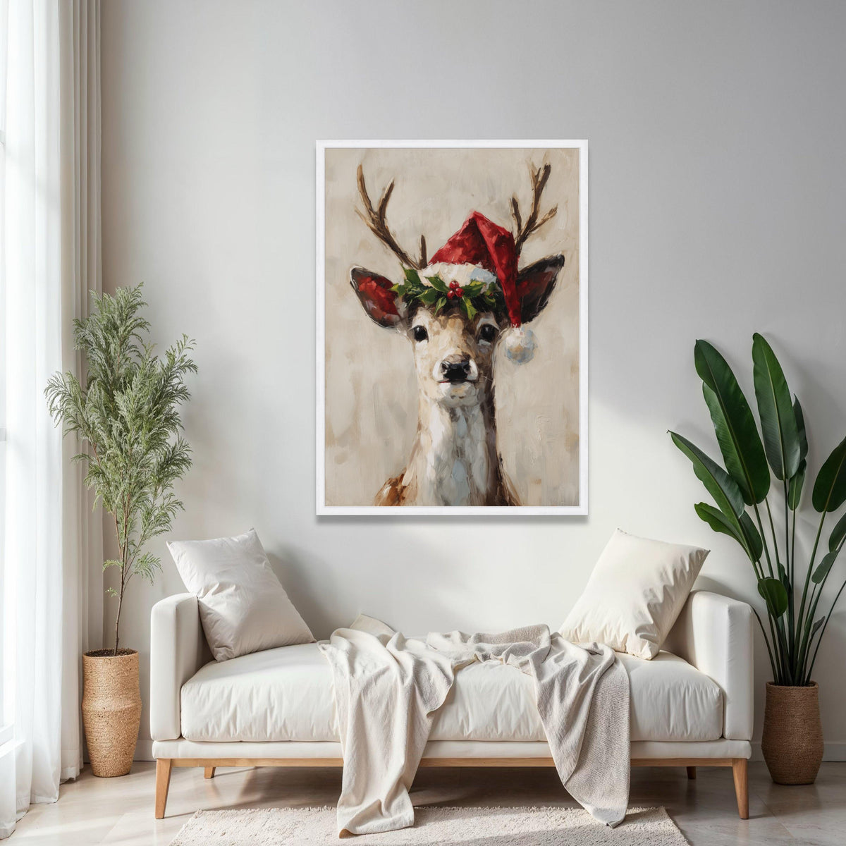 Festive Reindeer Portrait Canvas, Christmas Wall Art, Santa Hat Deer Painting, Holiday Home Decoration, Seasonal Gift Art, Home Decor, Print