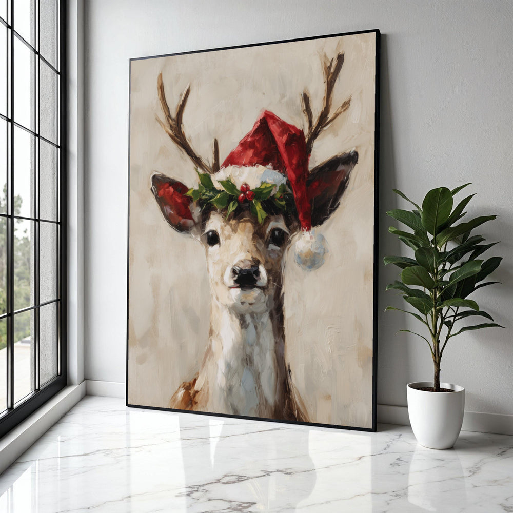 Festive Reindeer Portrait Canvas, Christmas Wall Art, Santa Hat Deer Painting, Holiday Home Decoration, Seasonal Gift Art, Home Decor, Print